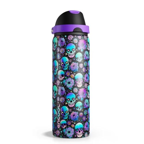 Image of Insulated Water Bottle with Straw - Encool Stainless Steel Water Bottle with Push Button Lid, Leak-Proof & BPA-Free, Keeps Cold for 24 Hours for Sports, Travel, Gym (32 oz, Floral Afterlife)