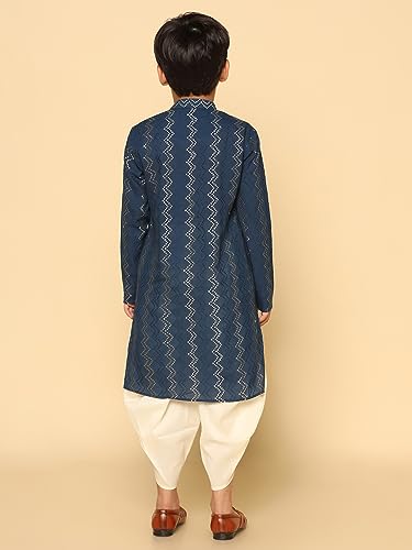 Image of KISAH Boy's Navy Blue Embroidered Cotton Kurta with Mirror Work - Full Sleeves, Knee Length, Regular Fit | Traditional Indian Festive Wear