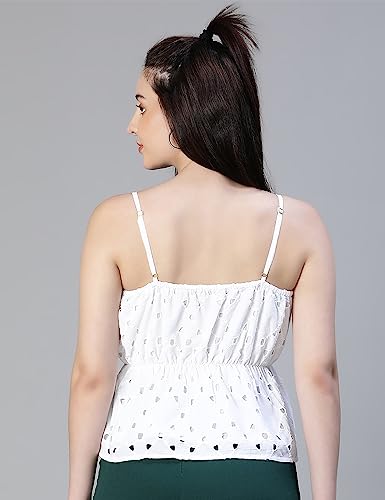 Image of oxolloxo Women Schiffli Elsaticated Shoulder Strap Cotton Top