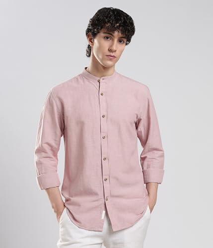 Image of TURMS Men's Casual Solid Linen Shirt | Water Repellent | Anti Stain Anti Odor | Kansas Linen | Mandarin Collar | Full Sleeves
