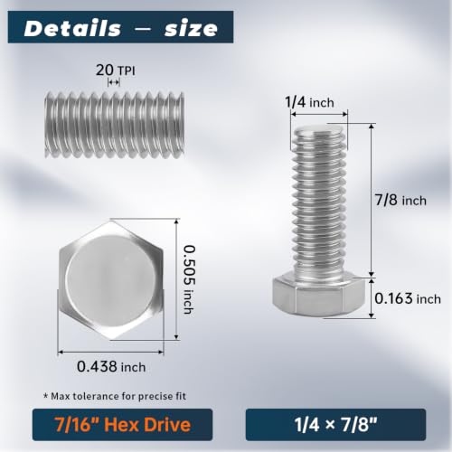 Image of 10 Sets Glvaner 1 /4-20 x 7 /8 inch Stainless Steel Hex Head Screws Bolts, Nuts, Flat & Lock Washers, 18-8 (304) Stainless Steel, Full Thread, Coarse Thread