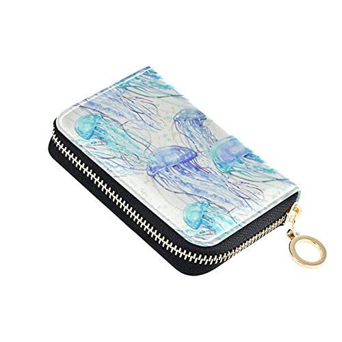 Watercolor Jellyfish Troquoise Blue Grey Credit Card Coin wallet, RFID Blocking Compact Women Leather Card Holder, Key Change Organizer, Zipper Purse Clutch Pouch Pocket