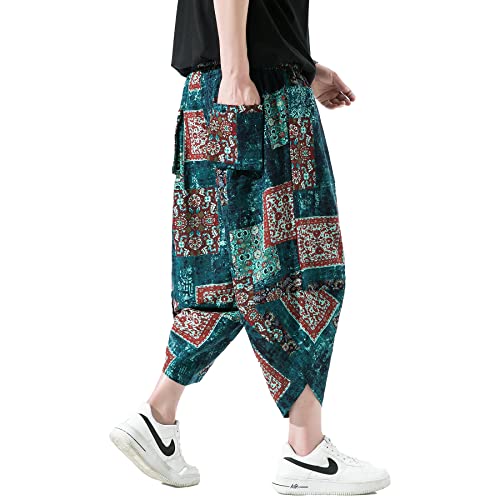 Doslavida Men's Casual Elastic Waist Linen Capri Pants Wide Leg Baggy Cotton Harem Yoga Trousers Loose Patchwork Shorts B-Blue #TOP2