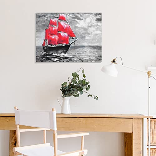 Oil Painting Red Pirate Sailing Ship Boating Ship Print, Rowing Boat Art Posters Wall Art Paintings Canvas Wall Decor Home Decor Living Room Decor Aesthetic 24X32Inch(60X80Cm) Frame-Style #TOP6