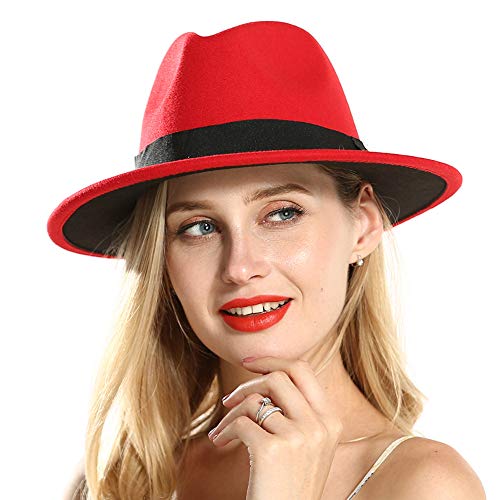 image for Eric Carl Trend Red Black Patchwork Wool Felt Jazz Fedora Hat Casual M