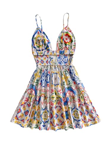 Image of SweatyRocks Women's Floral Print Backless Mini Dress Cut Out Ruffle Sleeveless Vacation Boho Dresses