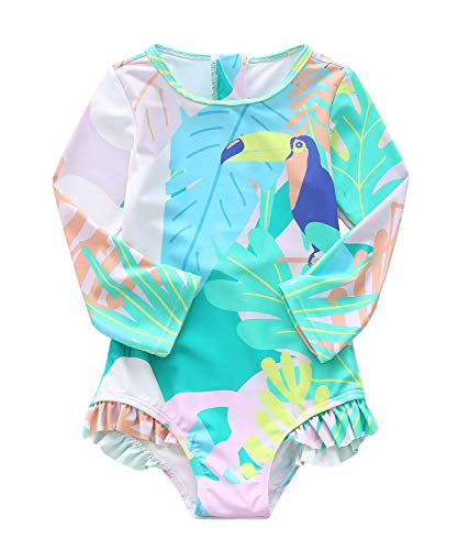 Baby Girls Long Sleeve Bathing Suits One Piece Swimsuits with Zipper Toddler Kids UPF 50+ Sun Protection Rash Guard 12 Months Parrot