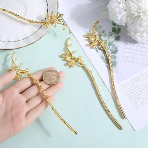SUNNYCLUE 6Pcs Gold Alloy Bookmark Flower Hairpin Bookmarks Bulk Vintage Chinese Style Bamboo Leaves Metal Hair Sticks Hairpin Stripe Golden Classical Bookmarks for Crafting DIY Findings Handmade - Image 3