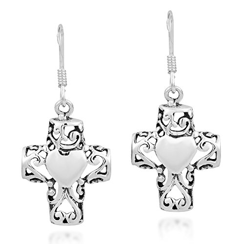 Pendientes colgantes de cruz cristiana y corazón en plata de ley 925 con filigrana