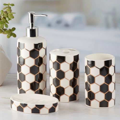 Image of SaSaSa Ceramic Bathroom Accessories Set of 4 Modern Bath Set with Soap Dispenser & Toothbrush Holder, Luxury Home & Gift Idea, White /Black (8351)