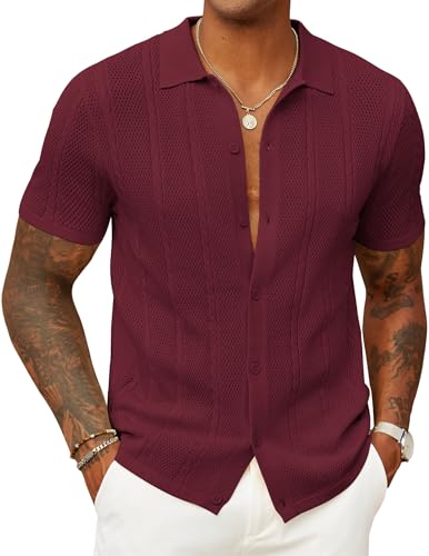 COOFANDY Mens Casual Knit Polo Shirt Vacation Short Sleeve Button Down Shirts Textured Summer Beach T-Shirts Old Money Clothes Wine Red