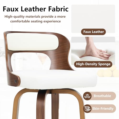 Image of Swivel Bar Stools Set of 1, 26 inch Counter Height Bar Stools, Mid-Century Modern PU Leather Modern Island Chairs with Back and Footrest, for Kitchen, Bar, Restaurant, Cafe (White)