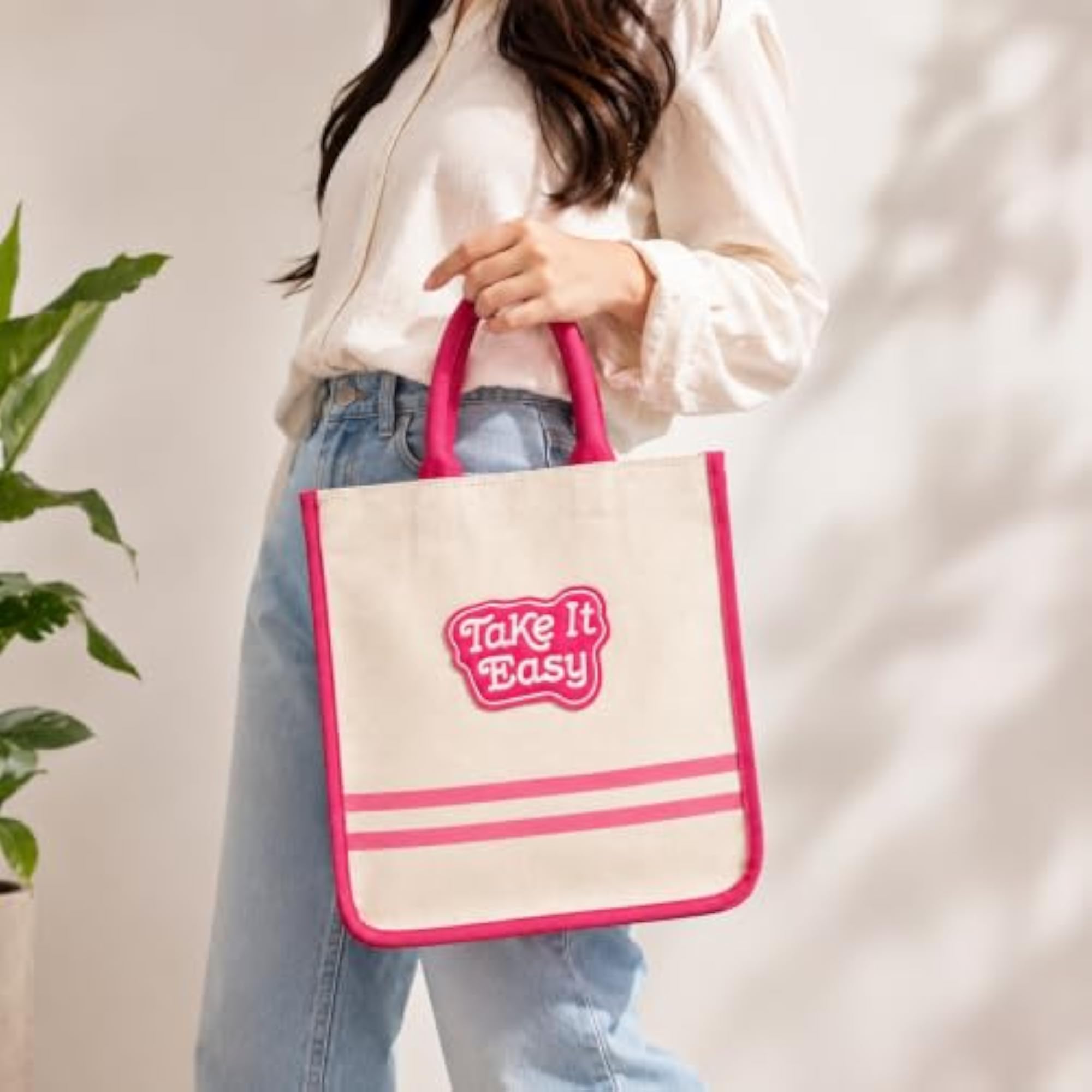 Canvas Tote Bag with 'Take It Easy' Patch, Pink Trim
