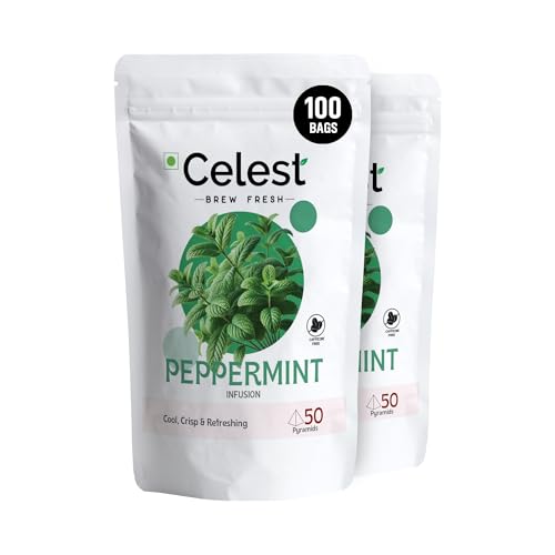 Image of Celest Peppermint Tea Bags 100 Count (50 x 2) | Pure Mint Herbal Infusion | Caffeine Free Beverage | Premium Peppermint Leaves | Pyramid Sachets | Pack of 2