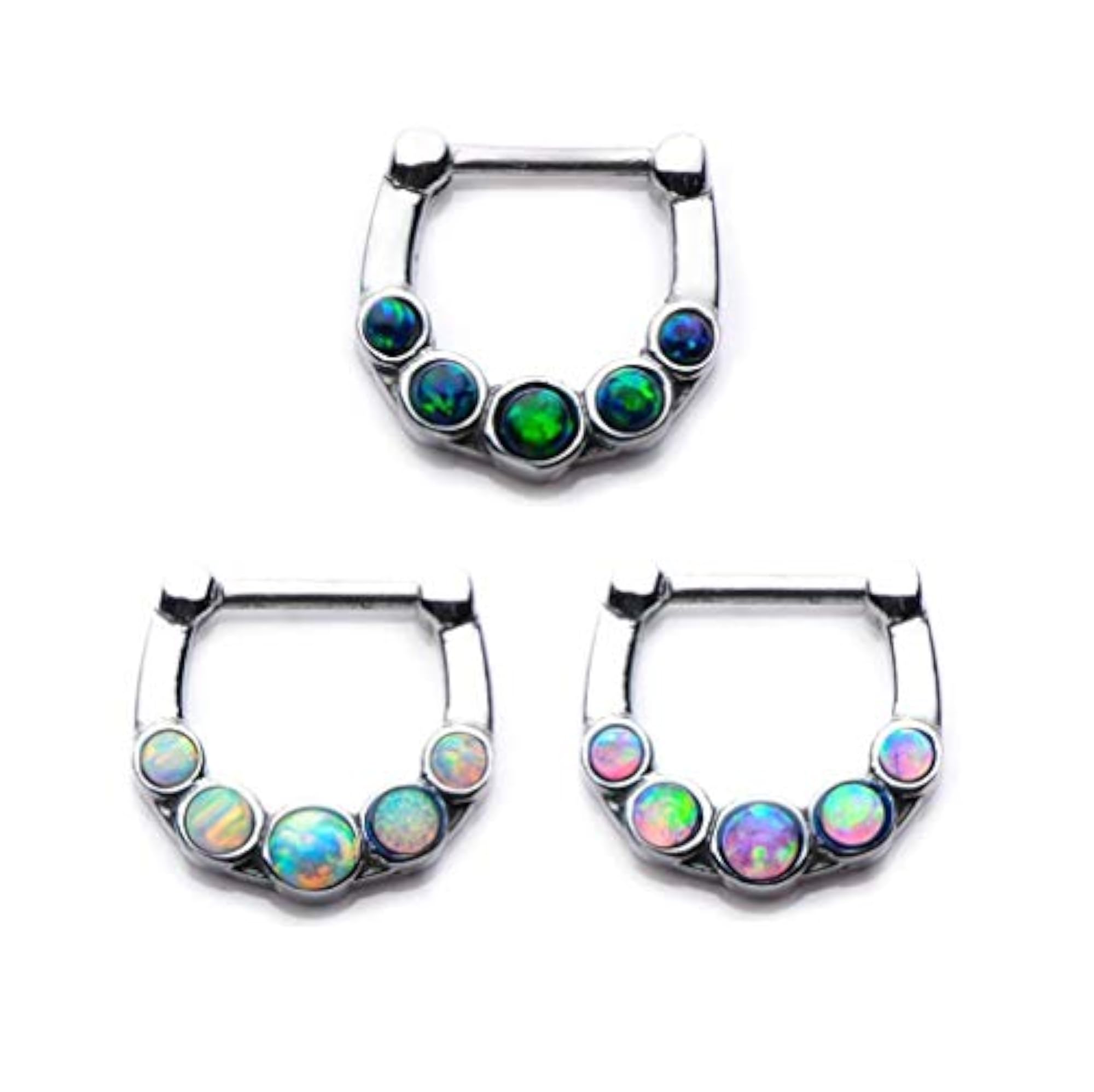 Five Synthetic Opal Stone Septum Clicker in Stainless Steel
