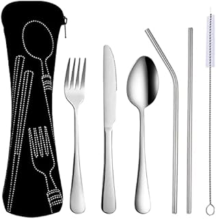 Cutlery Set with Portable Pouch Case, Reusable Camping Travel Cutlery Utensil Set with Bag Stainless Steel Flatware for Outdoor Picnic Office School Lunch (7Pcs Black)