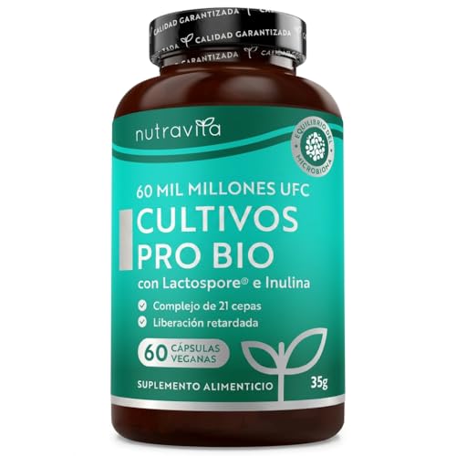 Nutravita Probioticos y Prebioticos Intestinales con 60 Millones UFC - 60 Probiótico Cápsulas Veganas - 21 Cepas Bacterianas, Microbiota Intestinal, Prebioticos & Probioticos Mujer y Hombre