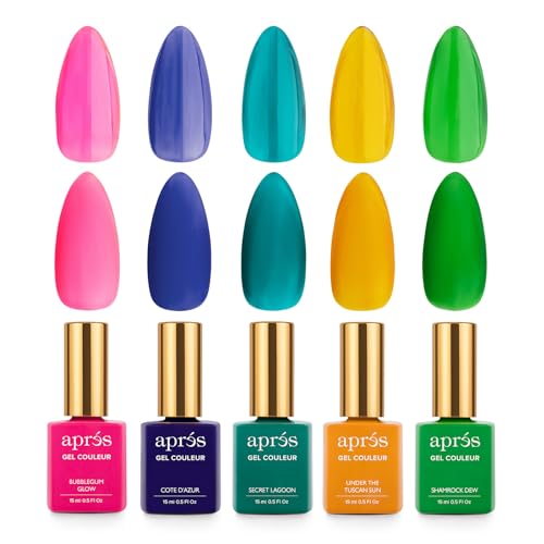 Apres Gel Couleur Combo Set, 5 Color Gel Nail Polish, Bright Nude Pastel Colors with Brush-X Nail Art Brush, 2024 Edition (Set 7)