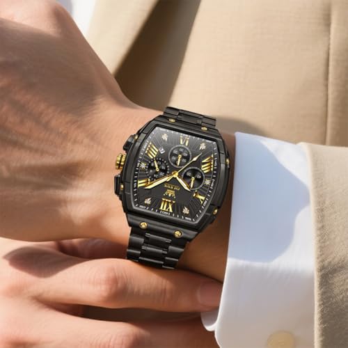 OLEVS Mens Dress Watches Black and Gold Large Square Face Classic Luxury Watches for Men Waterproof Fancy Original Stainless Steel Chronograph Wristwatches Easy Read Business Quartz Men Watch — view 3