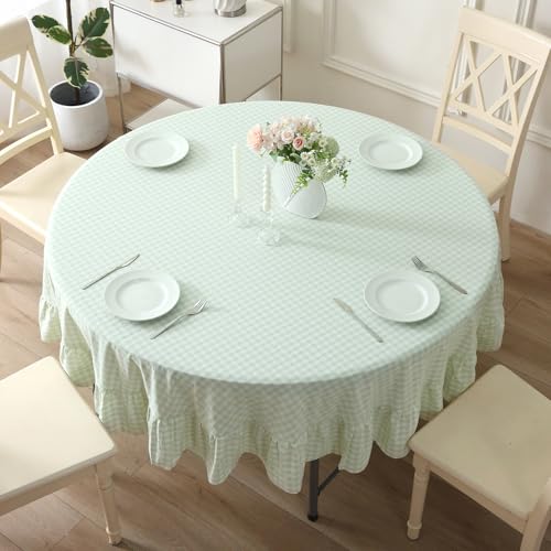 K MASANIJI Pile Green White Plaid Gingham Ruffled Table Cloth Round Cover Seat 4-6, 100% Washed Cotton Dia.70 in Farmhouse Checker Gingham Vintage Decorative Tablecloth -Dia.70 inches by K MASANIJI - Image 3