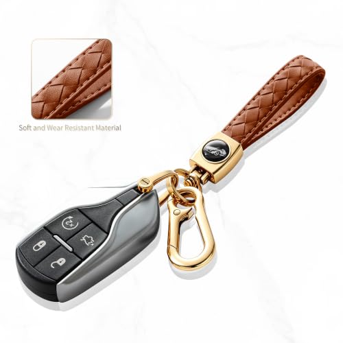 Image of Gkeygo Carabiner Keychain, Universal Heavy Duty Woven Handmade Leather Key Chain, Car Fob Key Keychains with 360 Degree Rotatable Snap Swivel and Anti-Lost D-Ring for Men and Women,Light Gold - Brown