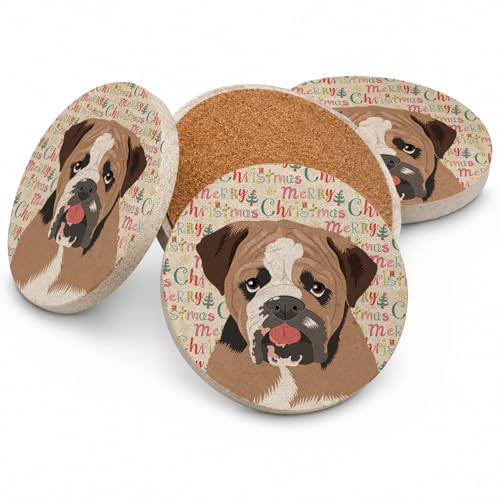 Caroline's Treasures English Bulldog Tricolor #4 Christmas Large Sandstone Coasters Pack of 4 Absorbent Round Coasters Decor Gifts for Men or Women, 4 in, Multicolor