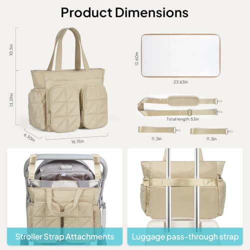 TOPEAST Diaper Bag Tote, Quilted Puffer Baby Bag Large with Insulated Bottle Pockets & Changing Pad, Lightweight Travel Hospital Bag for Mom and Dad Labor Delivery, Work & Daily Use, Beige by TOPEAST - Used condition - Image 3