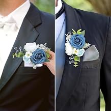 2 Pcs Pocket Boutonniere for Men, Artificial Dusty Blue Flowers Groom and Groomsmen Boutonniere for Wedding Ceremony, Anniversary, Formal Dinner Party, Prom