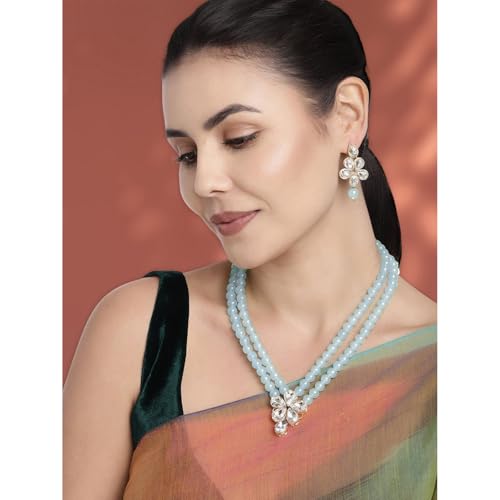 Image of Peora Crystal Faux Pearl Kundan Necklace & Jewellery Set Gift for Women