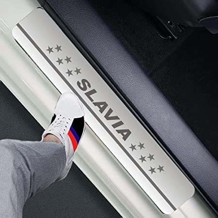 Image of AC Door Sill /Foot Step Stainless Steel Scuff Plate Plates Compatible with Skoda Slavia (Set of 4 Pcs)