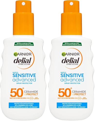 Garnier Delial Sensitive Advanced, Spray Protector Solar para Pieles Claras, Sensibles e Intolerantes al Sol, IP50 plus, 150 ml (Paquete de 2)