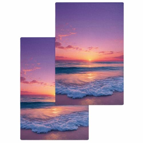 VbnjrtHome Sunset Sea Waffle Kitchen Towel Set of 2 Summer Beach Orange Pink Sunset Absorbent Dish Towels Dishcloths for Kitchen Bathroom Home Daily Use Guesthouse 15 x 23 Inch