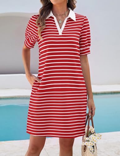 Image of ZESICA Womens Summer Striped T Shirt Mini Dresses 2026 Casual Lapel V Neck Short Sleeve Flowy A Line Beach Vacation Dress