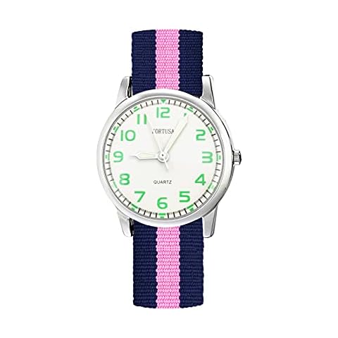 Kortusa Kids Luminous Military Nylon Wrist Watch Girls 30M Waterproof Analog Quartz Watch with Adjustable Nylon Strap (Blue Pink) Cover