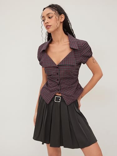 CIDER Plaid Shirt Women Button Down Fitted Crop Top Short Sleeve Checks Blouse Collared Neck Preppy Slim Fit3