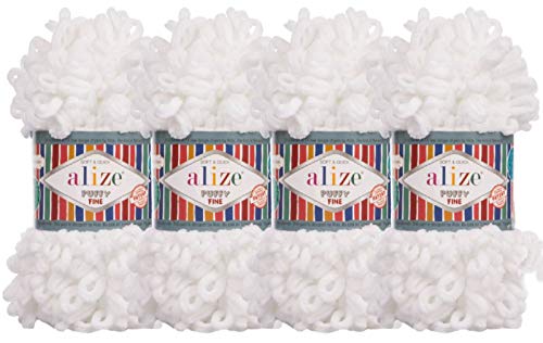 Alize Puffy Fine Baby Blanket Small Loop 100% Micropolyester Soft Yarn Lot of 4skn 400gr 64yds (55 - White)