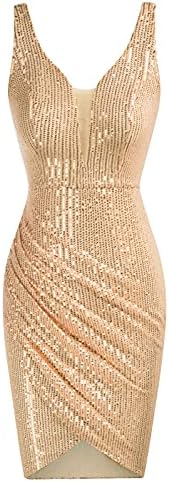GRACE KARIN Women Deep V Neck Party Mini Dress U Back Sequin Irregular Hem Evening Dress