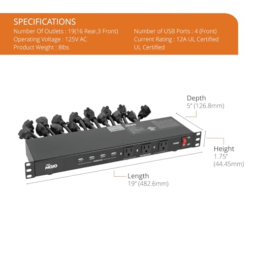 Image of Tecmojo 1U Rack Mount 19 Outlet PDU Power Distribution Unit Circuit Breaker fits 19-inch AV /Network /Server Cabinet /Closet /Enclosure