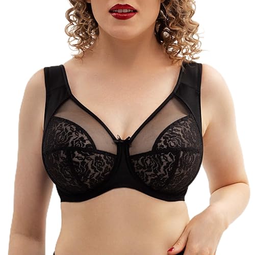 Sermija Sujetador cómodo para mujer en tallas grandes con aros, copa suave con encaje, moldeador reductor de apoyo, transpirable con tirantes anchos y acolchados, Negro , 90K