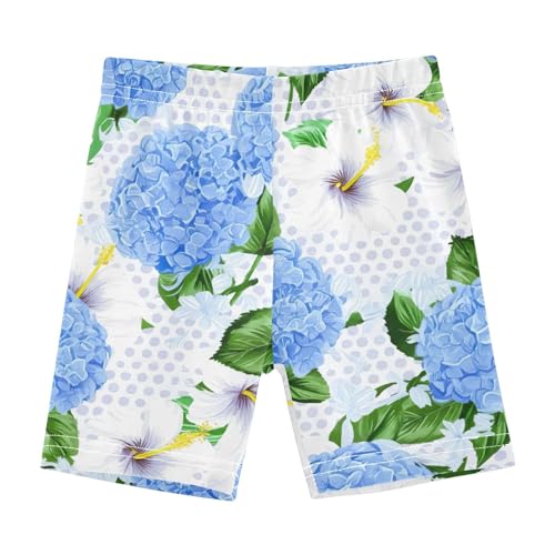Girls Bike Shorts Blue White Floral Cotton Spandex Cartwheel Shorts for Summer Outfit Toddler, 4T