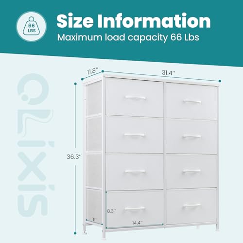 Image of OLIXIS Dresser for Bedroom, 8 Storage Drawers, Tall Large Fabric Storage Tower Organizer, Chest of Drawers with Metal Frame Wooden Top for Nursery, Closet, Living Room, Entryway, White