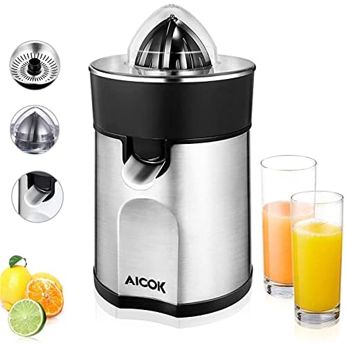Aicok Presse-agrumes électrique en acier avec système anti-goutte flux Direct, presse-agrumes arrêt automatique pour oranges et kiwi, 85 W, argent