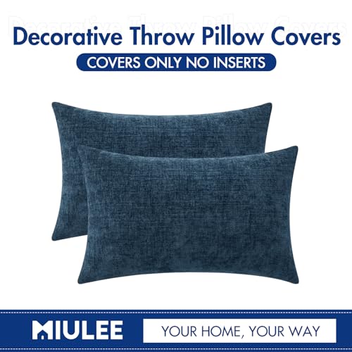 Image of MIULEE Pack of 2 Blue Throw Pillow Covers 12x20 Inch Soft Chenille Lumbar Pillow Covers for Sofa Living Room Couch Solid Dyed Cases