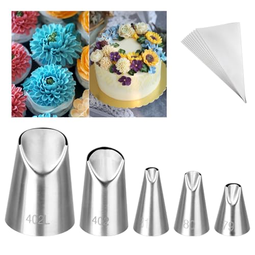 Kasmoire 5Pcs Chrysanthemum Piping Tips Set,Stainless Steel Chrysanthemum Crinkle Cream Laminating Nozzles with 10Pcs Disposable Piping Bags,Icing Piping Nozzles For Cake Decorating