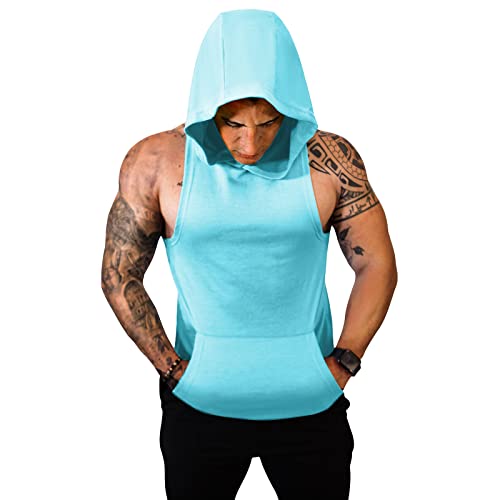 Men's Workout Hooded Tank Tops Gym Sleeveless Hoodies Dry Fit Bodybuilding Muscle Cut Off T-Shirt Athletic Vest With Pocket(Bklb L) #TOP3
