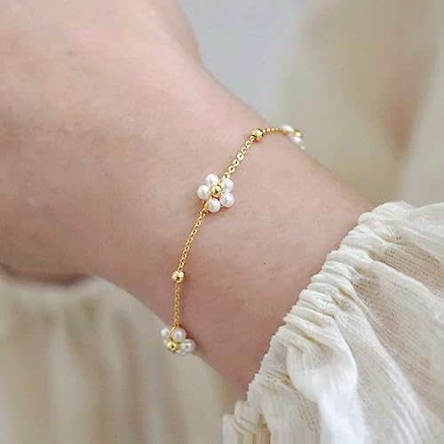 Gold Bracelet for Women, 14K Gold Plated Daisy Pearl Bead Tennis Chunky Curb Sparkle CrissCross Bracelet Simple Jewelry2