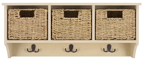 SAFAVIEH Home Collection - Finley Sand Wall Mounted 3-Basket Storage Rack with Hooks & Seagrass Baskets (HAC5700E)