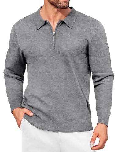 COOFANDY Polo Neck Jumpers for Men with 1/4 Zip Golf Knitted Jumper Slim Fit Winter Pullover Sweater Grey XL