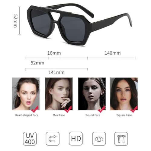 IKANOO Square Aviator Sunglasses for Women Men Trendy Designer Hexagonal Thick Frame Double Bridge Fashion Shades4