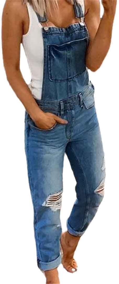 Women Denim Bib Overalls Ripped Hole Suspenders Long Playsuits